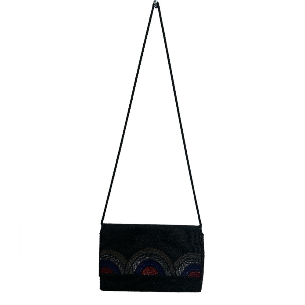 WALBORG VINTAGE METALLIC BEADED BLACK BLUE SILVER UNIQUE RAINBOW HANDBAG CLUTCH - Picture 3 of 12